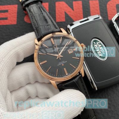 At Wholesale Replica Omega Men's Watch - Black Dial Black Leather Strap